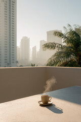 peaceful breakfast scene on balcony overlooking bustling city with solitary cup of coffee