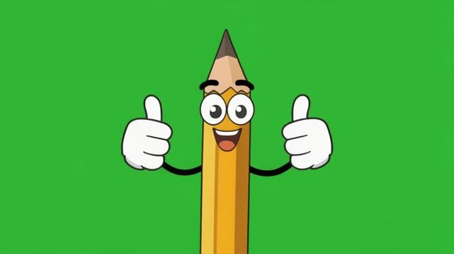 Cartoon animation of a pencil with eyes and hands giving a thumbs-up gesture, clean lines and bright colors, green screen background