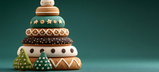 Fun and Festive Christmas cookie tree made of biscuits ornaments. Creative Xmas and New Year holiday season recipe for party. Stylish banner design. Isolated Christmas tree on green background