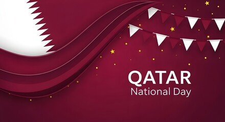 Qatar national day celebration with wavy flag and festive bunting, symbolizing national pride and unity