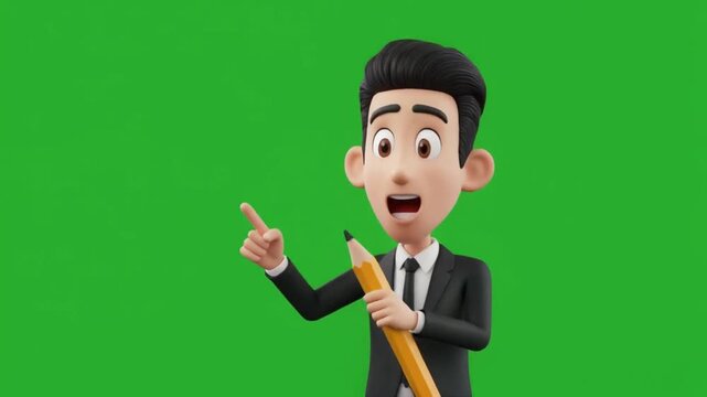 Funny cartoon pencil character pointing at something with its tiny hands, exaggerated expressive motion, green screen background
