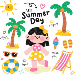 Happy Summer Day Illustration with Girl and Beach Elements