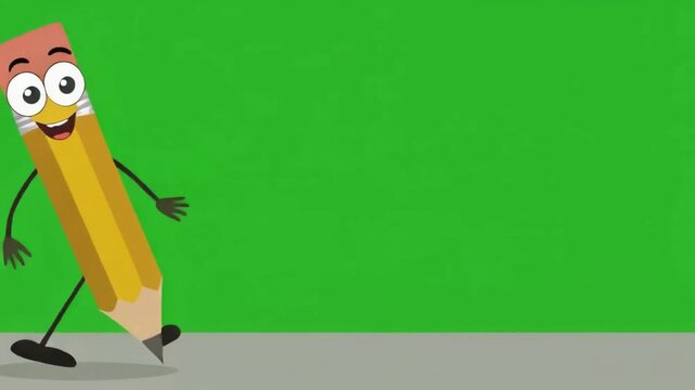 Animated pencil character with big expressive eyes walking playfully across the screen, cartoon-style movement, green chroma key backdrop