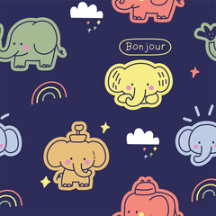 Little elephant cartoon doodle seamless pattern.eps