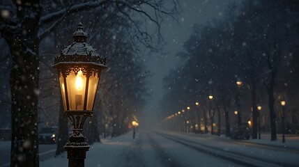 street lantern with intricate ironwork and a soft glass shade illuminating falling snowflakes, casting a warm, soft golden glow through the dense snowfall