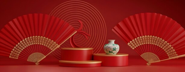 Chinese new year celebration scene with red fans, podiums, and a vase, symbolizing prosperity and good fortune