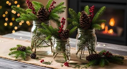 Rustic Aesthetic Pine Cones and Evergreen Sprigs in Mason Jars for Festive Decor