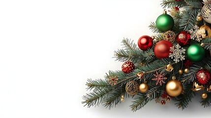 Christmas tree branch placed in the lower corner of the photograph, adorned with an assortment of vibrant Christmas decorations,against a crisp and clean white background.