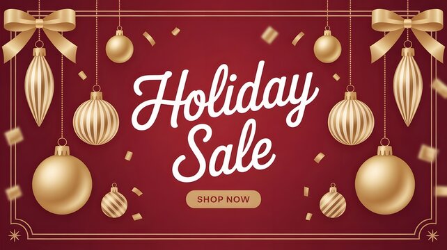 Holiday sale banner with christmas ornaments, bows, and confetti on a red background