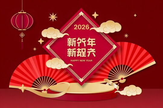 Happy chinese new year 2026, year of the dragon, with traditional red lanterns, golden clouds, and decorative fans on a festive red background