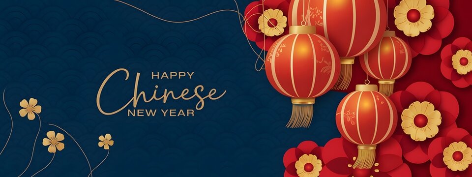 Elegant chinese new year banner with red lanterns, blooming flowers, and golden accents on a deep blue textured background