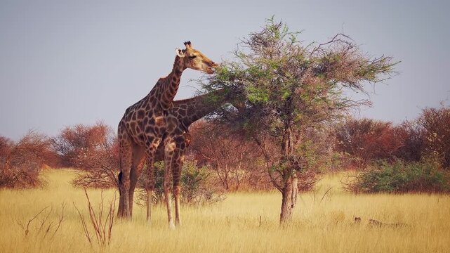 Angolan or Namibian or Smokey giraffe - Giraffa giraffa angolensis, formerly Giraffa camelopardalis angolensis, herd of subspecies of Southern Giraffe in dry savannah near the water hole.