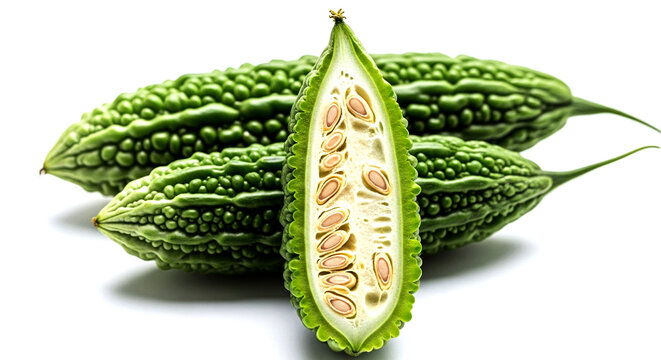 Fresh bitter melons one sliced open on a white surface