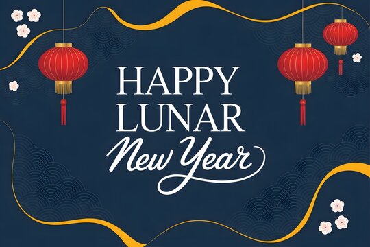 Happy lunar new year greeting with traditional red lanterns and decorative elements on a dark blue background - Powered by Adobe