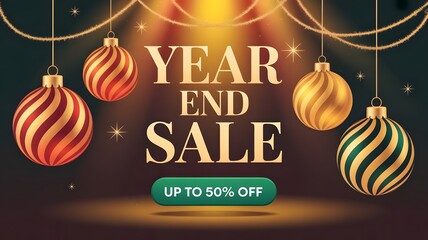 A festive year end sale banner featuring sparkling christmas ornaments and the offer up to 50% off to attract shoppers during the holiday season