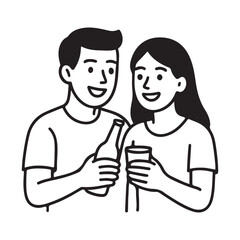 Couple enjoying drinks together in simple line art style, perfect for invitations or social media posts showcasing friendship and fun, cheers to good times