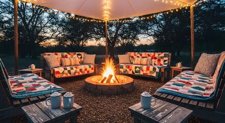 Cozy and inviting rustic aesthetic outdoor living space with a crackling fire pit, perfect for evening gatherings under warm string lights