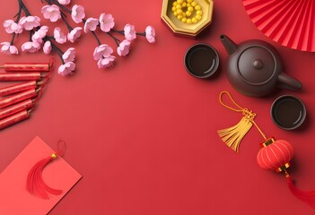 Chinese new year flat lay with traditional decorations including oranges, teapot, cups, firecrackers, red envelopes, and fans on a red background