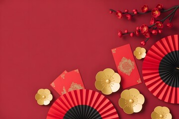 Chinese new year flat lay with traditional decorations including red envelopes, gold flowers, fans, and plum blossoms on a red background