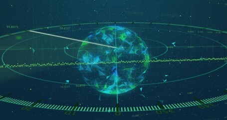 Holographic globe undergoing scanning after beam appearing from right, revealing data spikes - Powered by Adobe