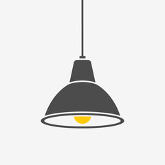 Illustration of a hanging lamp with a gray lampshade and a yellow lightbulb.