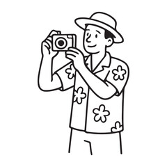 Man in tropical shirt capturing travel memories with camera, embracing island life and summer adventures, evoking a sense of wanderlust and relaxation