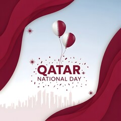 Qatar national day celebration with balloons and confetti, featuring the national flag colors and cityscape silhouette