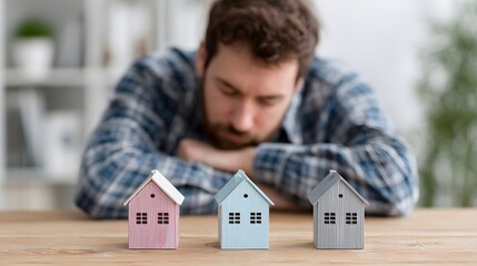 Man contemplates decision between three small miniature house models on a table