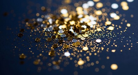 Golden glitter sparkles with a beautiful bokeh effect on a dark surface.