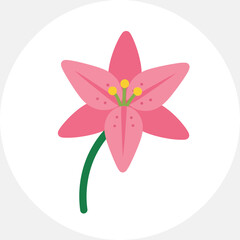 A simple flat design icon of a pink lily flower with yellow stamens and a green stem on a white background.