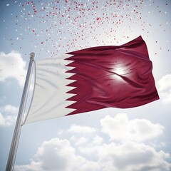 The national flag of qatar waving in the wind against a cloudy sky with red confetti falling