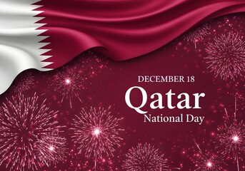 Qatar national day celebration with fireworks and the national flag