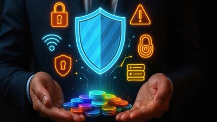 Cybersecurity digital security concept with shield and lock glowing above hands holding colorful coins symbolizing data protection and secure network technology management - Powered by Adobe