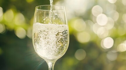 effervescent elegance, a wine glass being filled with a sparkling beverage set against a soft focus, verdant backdrop suggesting celebration