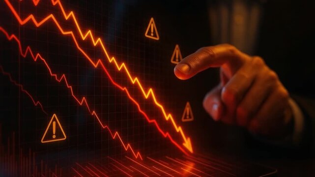 Stock market decline showing warning signs with red arrow on digital graph and chart indicating financial loss, economic risk, investment and business downturn in market analysis