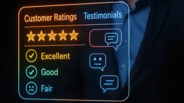 Customer rating testimonial interface featuring star ratings and feedback options with excellent, good, and fair reviews transparent digital panel showcasing user review and business evaluation