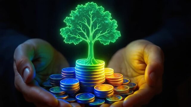 Green tree hologram glowing on digital coin stack held by hands symbolizing sustainable finance, investment growth, and saving money with eco friendly financial concepts and digital money hand finance