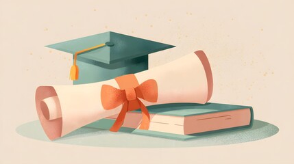 Academic achievement symbols including a mortarboard, diploma scroll, and textbook are arranged together.