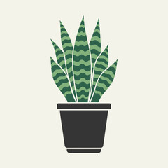 Illustration of a snake plant in a black pot with a beige background.