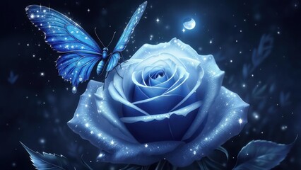 A blue rose with a butterfly against a dark, starry background, evoking a magical, ethereal vibe
