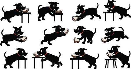 Black cartoon dog, sandwich interaction, table scene, funny pet, expressive poses, food story, vector illustration, playful character, comic animation, humor art