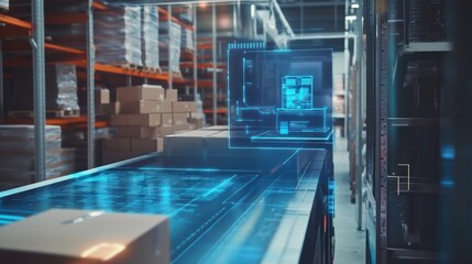 futuristic warehouse automation showcasing cardboard boxes moving along a conveyor system with digital data overlay for smart logistics management