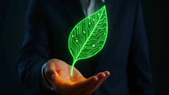 Green digital leaf technology innovation with futuristic eco friendly glowing circuit pattern showcasing sustainable design and advanced environmental technology for greener future
