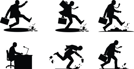 Businessman silhouette, slipping accident, puddle hazard, falling pose, workplace safety, briefcase motion, vector illustration, injury risk, office hazard, dynamic fall