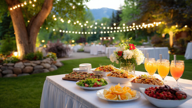 Charming Summer Garden Party Setup with Table of Food and Drinks Under String Lights in a Beautiful Outdoor Setting