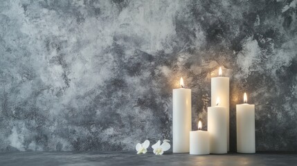 serene scene of lit candles paired with delicate blossoms set against an abstract gray backdrop evoking contemplation and tranquility