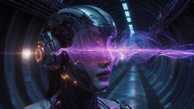 A futuristic person with cybernetic enhancements experiences a data stream emanating from their head