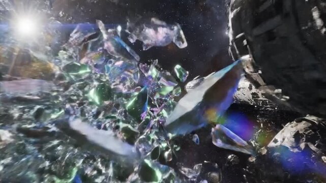 Space station amidst an asteroid field with bright star, perfect for futuristic adventure concepts