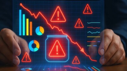 Financial risk warning alert with declining graph and colorful data visualization on digital screen showing economic downturn and market instability in business analytics trends - Powered by Adobe