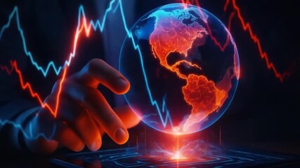 Digital globe hand hologram data visualization technology finance stock market futuristic glowing analytics global financial crisis concept with falling graph symbolizing economic downturn and market - Powered by Adobe